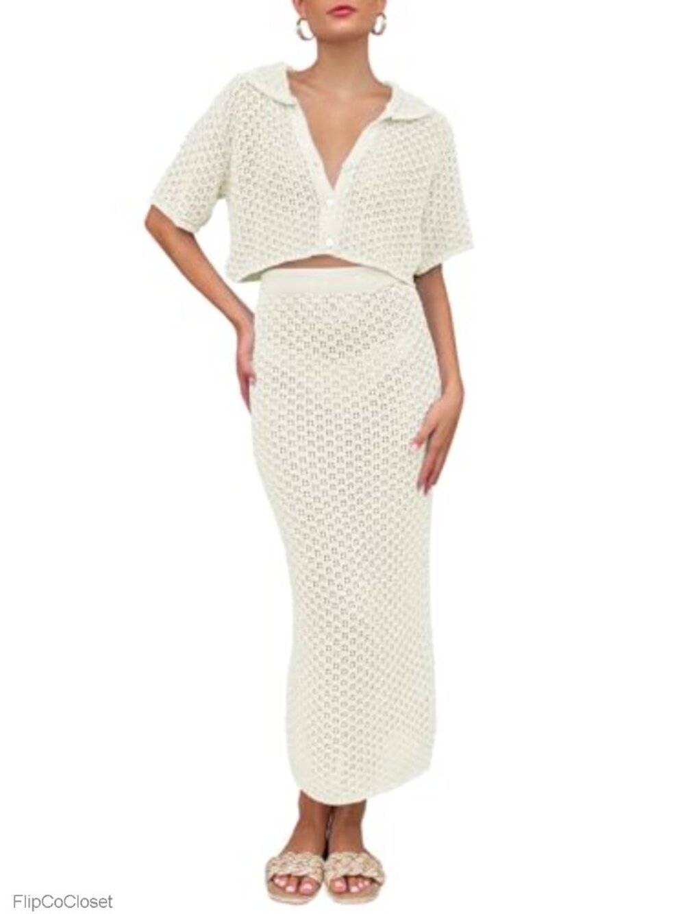 Crochet Knit 2 Piece Cover Up Set Crop Button Top Maxi Skirt Beachwear